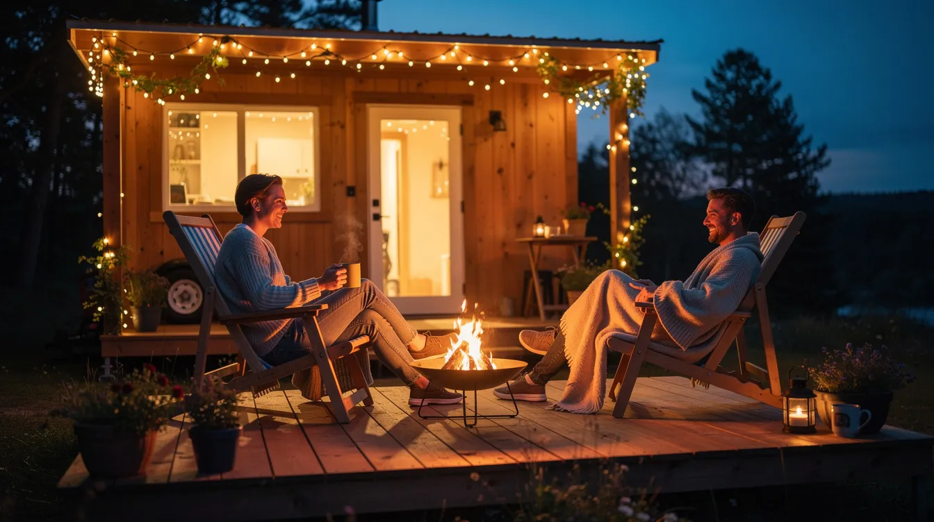 B0719105bc0848d8ac922585022d8049 A couple relaxes on wooden deck chairs outside their tiny house illuminated by string lights and warmed by a small fire pit creating a cozy outdoor living space in the evening This scene captures the essence of tiny house life showcasing the charm of living small while enjoying personal space together