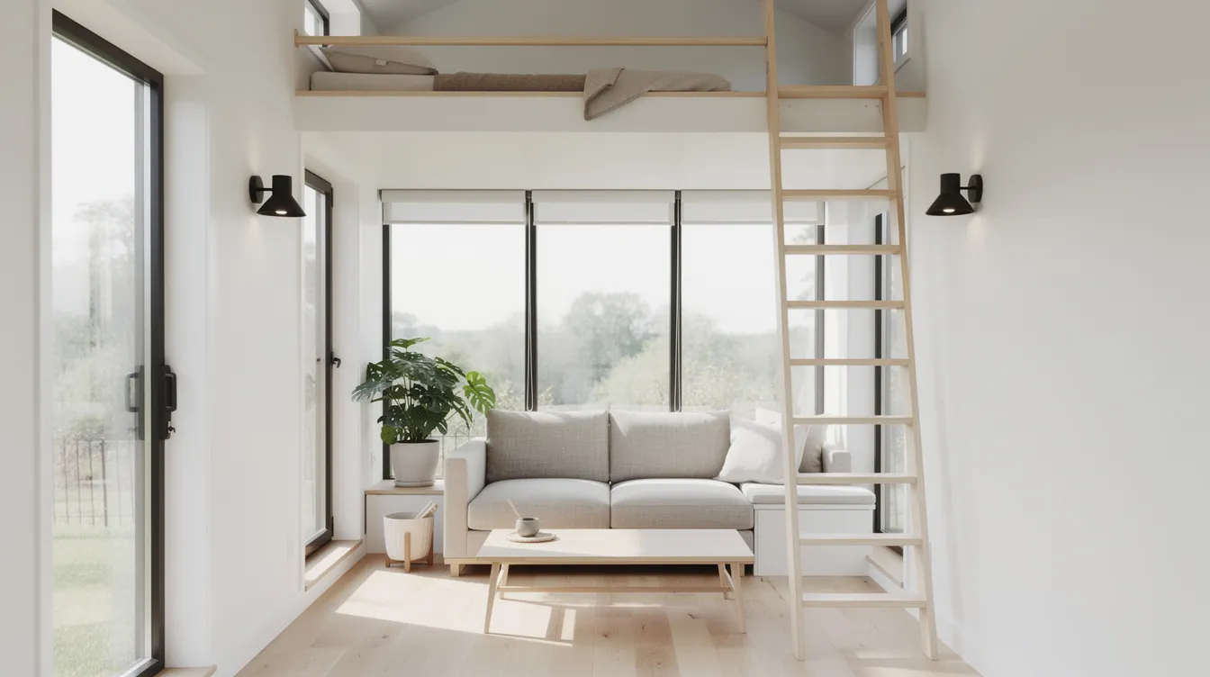 B08f017275064f5fac5894035a8f954b The image depicts a bright Scandinavian tiny house interior featuring white walls and large windows that allow ample natural light to fill the space The light wood floors complement the cozy atmosphere while the layout includes a small kitchen a dining area and a guest bed showcasing the functionality and stylish design typical of tiny living