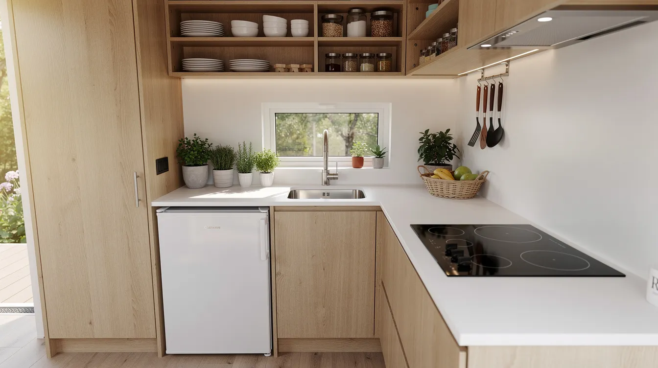 B0d8bdfc6b7c4f4b8eb84440aa068c1a The image depicts the interior of a compact tiny house kitchen featuring a small refrigerator and an induction cooktop showcasing energy efficient appliances designed for minimal energy usage This space reflects the principles of tiny house living emphasizing sustainability and efficient use of limited space