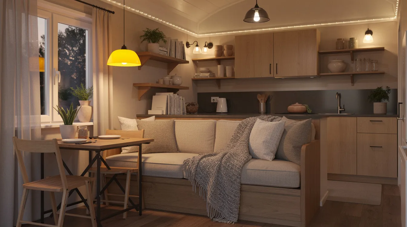B1678ae483a14e259e4c77ebe8a9869e The image depicts a cozy tiny house interior featuring warm lighting and a compact furniture arrangement that maximizes the small living space The design includes smart storage solutions and an open feel showcasing the charm of modern tiny living within a limited square footage