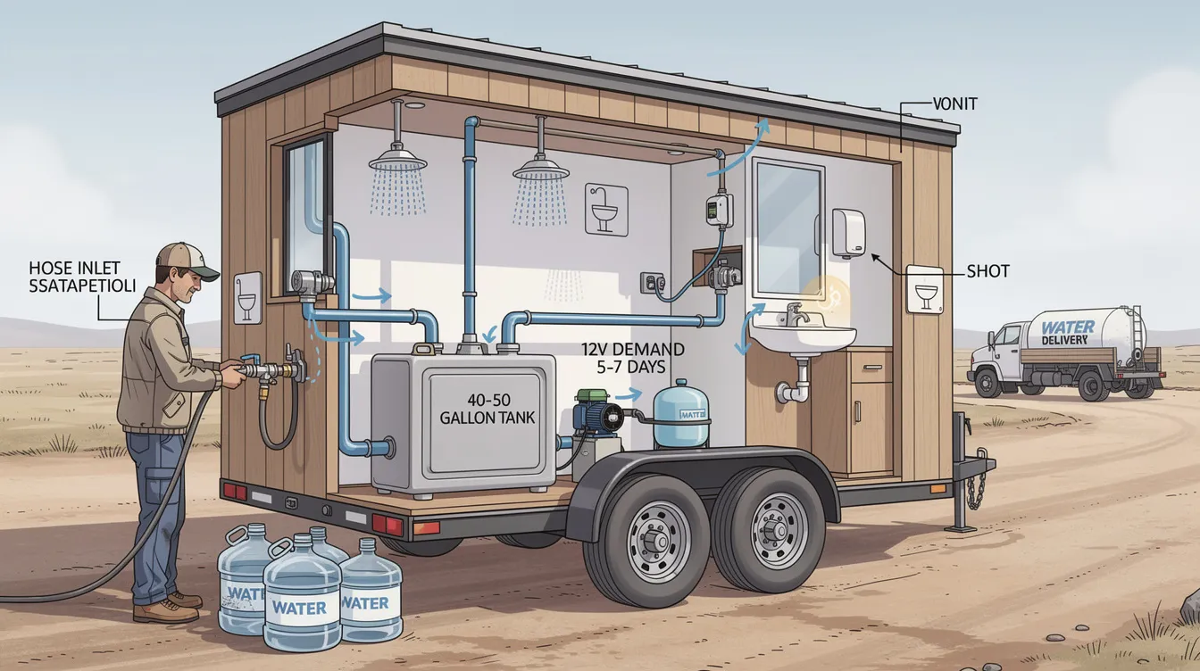 B1f2e11e0d1442cf83f479311ea4354c The image depicts a compact water tank used in tiny houses showcasing a system designed for manual fill or delivery This water tank typically ranging from 30 to 60 gallons is linked to the plumbing system and provides a steady supply of fresh water for essential functions like showers and sinks in off grid living situations