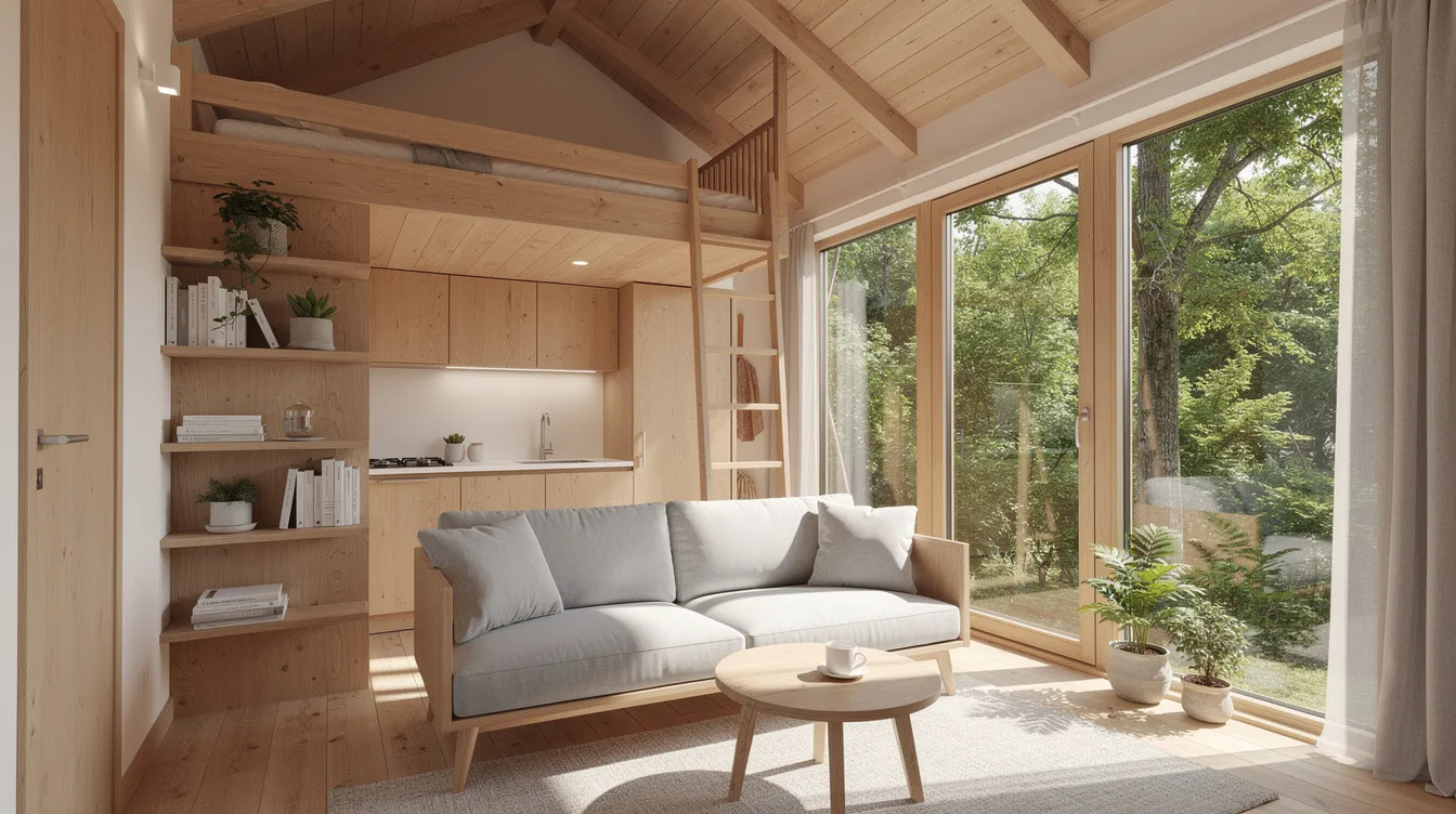 B1f34eab43bd4cbd82d3edea43db688a The image depicts a bright and airy tiny house interior featuring wooden finishes and large windows that provide a stunning view of surrounding trees The space is designed for efficient tiny house living with a cozy living area and a dining table that maximizes the small footprint while allowing natural light to flood in