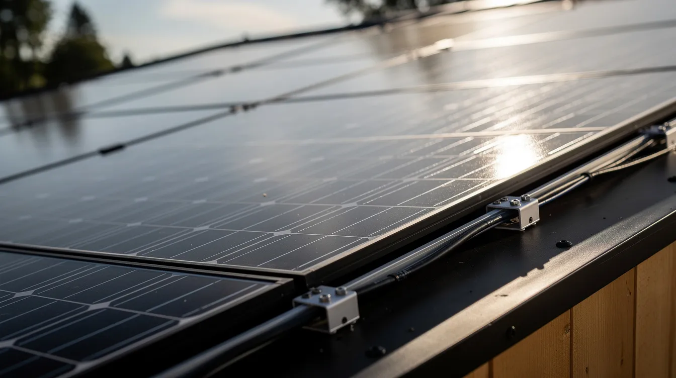 B294b35980f5419e8e2e57856ef362de A close up view of black monocrystalline solar panels installed on the roof of a tiny house showcasing an efficient solar power system designed to harness the sun's rays for energy needs. This eco-friendly setup aims to reduce utility bills while providing enough power for household appliances.