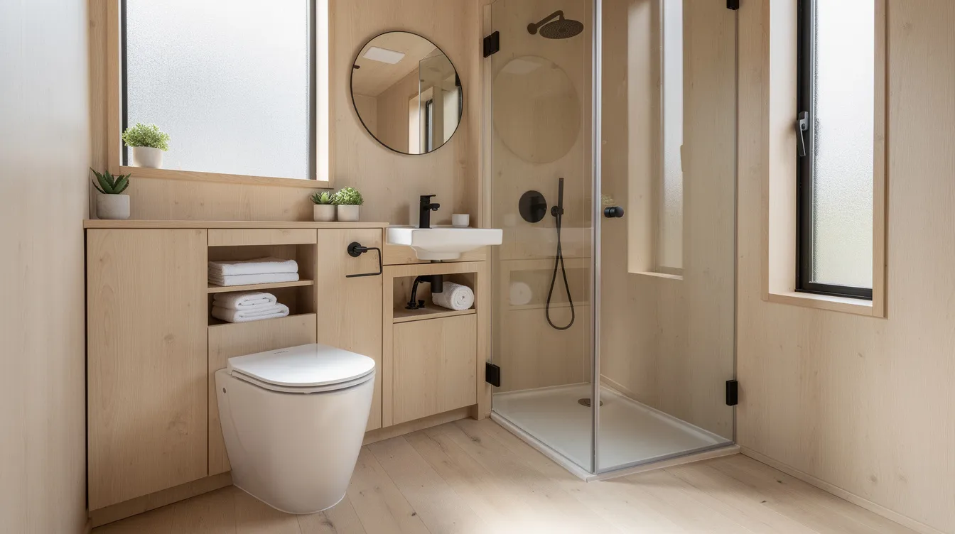B30c91f96b4041c6b8cc76799f3e7081 The image features a clean and modern tiny house bathroom showcasing a composting toilet and a small shower that utilizes natural light to create a bright and airy atmosphere This minimalist space exemplifies the essence of tiny house living emphasizing efficient use of square footage while maintaining a stylish and functional design