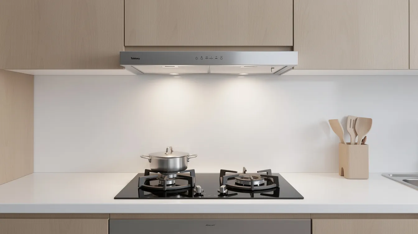 B32a3cdd6bef4d35931202b3b2bff8bf A small stainless steel range hood is mounted above a two burner cooktop in a compact kitchen designed to save counter space in tiny homes The setup includes essential tiny house appliances making it ideal for cooking meals in small spaces