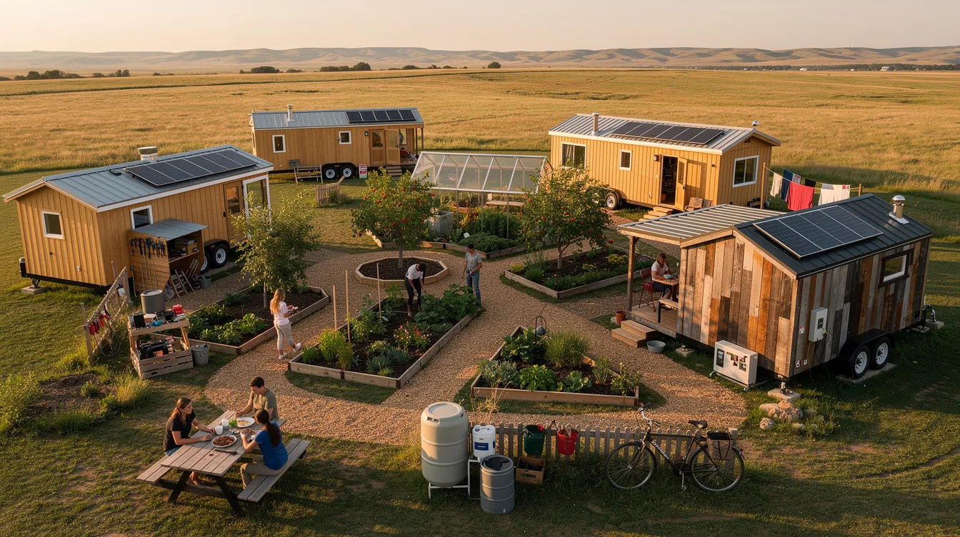 B4a245e14bf147a69728ea26eed67e9f The image depicts a vibrant intentional living community in South Dakota where residents engage in sustainable practices within their tiny houses Surrounded by lush gardens and communal spaces the atmosphere reflects a commitment to minimalism and collaboration emphasizing shared resources and social connections among the residents