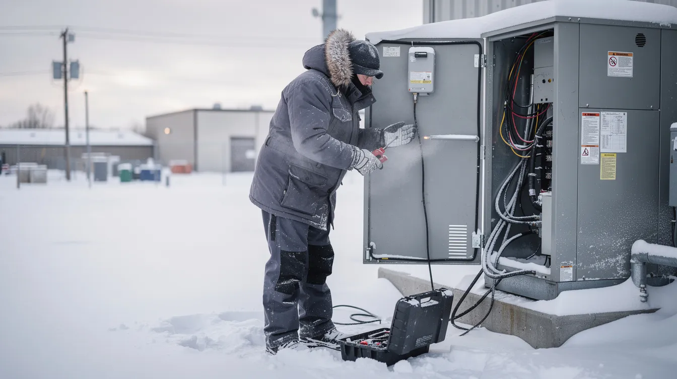 B693511fbef1401c863f944ff1d840ae A person dressed in winter clothing is performing maintenance on outdoor equipment likely related to a composting toilet system which is essential for tiny homes and off grid cabins The scene captures the individual ensuring proper functioning of the unit vital for managing solid waste in cold weather conditions