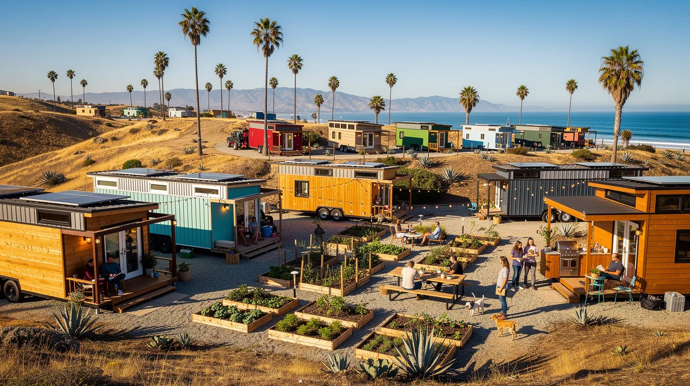 B734cf5be4bf4f53a55137836dd3a4a8 The image depicts a vibrant tiny house community in California showcasing a collection of beautifully designed tiny homes surrounded by lush greenery and community gardens Residents enjoy shared amenities such as a swimming pool and clubhouse creating a welcoming environment for families and visitors alike