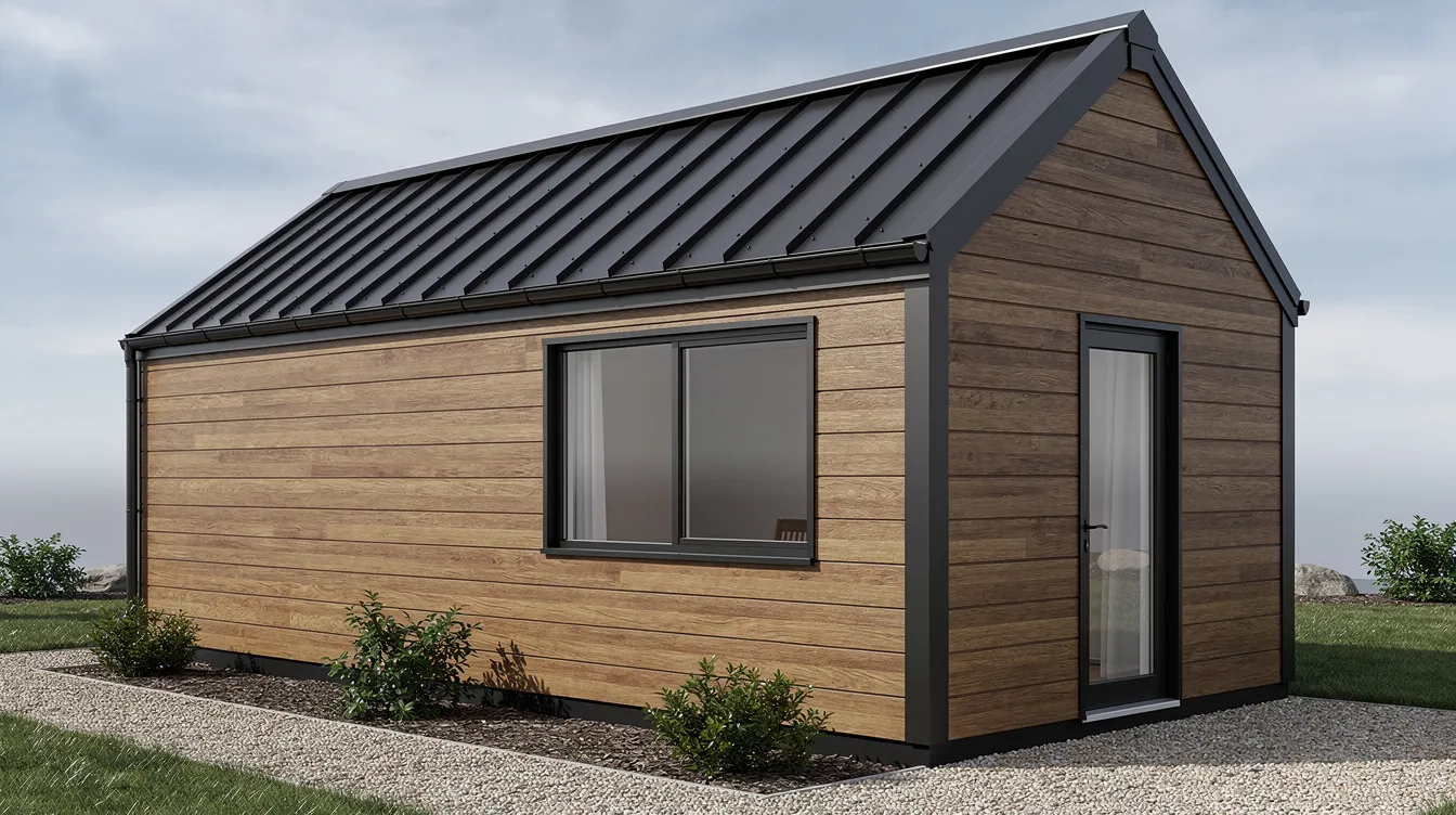 B8a195e334d943a795f1f361004a7935 The image features the exterior of a tiny home showcasing a modern design with metal roofing and composite siding materials emphasizing its durability and secure structure This tiny house is built to withstand extreme weather conditions including high winds and storms making it a safe living space for homeowners
