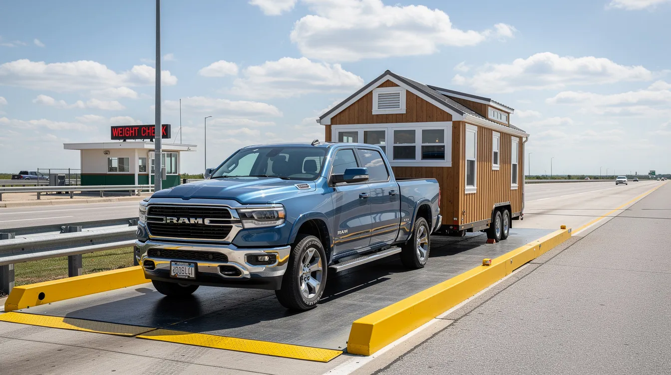 B8d3c1ecb9394ae3abc74ea1251bfee9 The image shows a pickup truck connected to a tiny house trailer on a weigh station scale illustrating the importance of checking the tiny house weight for safe towing The scene emphasizes the critical factor of ensuring the trailer's weight is within the gross vehicle weight rating for optimal performance and safety.