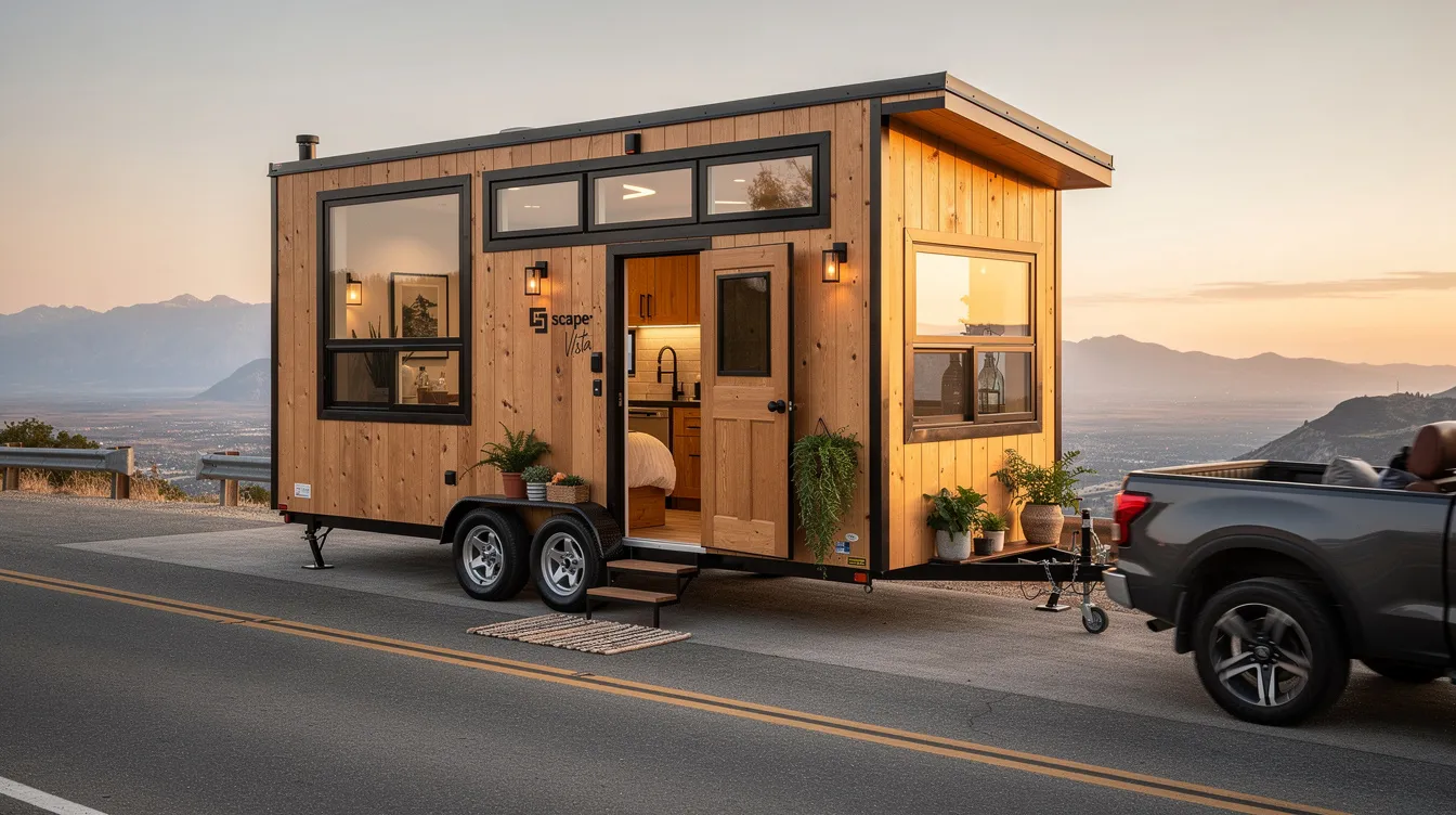B93a4a7404d549bda3df3c36deeaf5d5 The image depicts a modern tiny mobile home specifically the Escape Traveler Vista Boho showcasing its compact yet functional design with a main floor bedroom kitchen and bathroom This affordable prefab home under 50k features oversized windows that allow natural light to fill the space making it ideal for flexible living and travel
