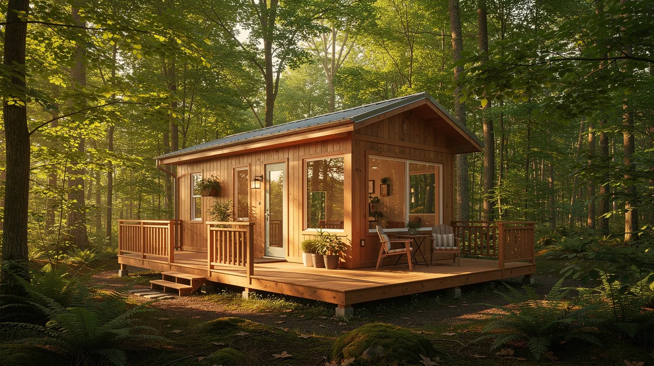 B971c5d2ec164b0c83783bf3ed5d0beb A charming tiny house features a wooden wrap around deck inviting for relaxation and socializing surrounded by lush trees that enhance its cozy country cottage appeal This picturesque living space exemplifies the beauty of tiny home design offering a perfect spot for enjoying nature and spending time with friends
