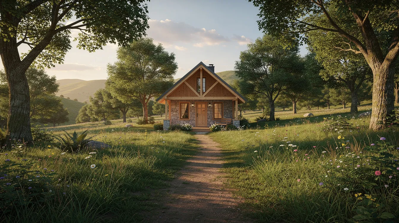 Baceeb5776f34355a53331b59dc7ca1a The image depicts a cozy tiny house nestled in a lush natural environment surrounded by trees and greenery representing the tiny home movement and the mobile lifestyle This seasonal outdoor setting highlights the charm of living tiny with the dwelling showcasing high quality materials and sustainable features like solar panels