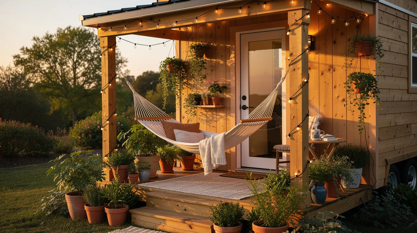 Bb00c96b88cc4e50a0f66e7d47778309 The image depicts a cozy tiny house porch featuring a hammock surrounded by lush greenery and adorned with twinkling string lights creating an inviting living space perfect for relaxation and enjoyment with friends This charming setup offers a serene view ideal for sipping coffee and unwinding in nature