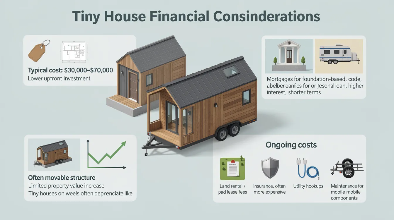 Bb5c20ce29df40089539ccc631b696e2 The image illustrates the financial considerations of tiny homes highlighting their affordability with costs ranging from 000 to 000 and the challenges of financing particularly for those classified as movable structures It contrasts tiny houses with accessory dwelling units ADUs noting that tiny homes often do not provide the same long term property value or rental income potential as permanent structures due to local building codes and zoning regulations