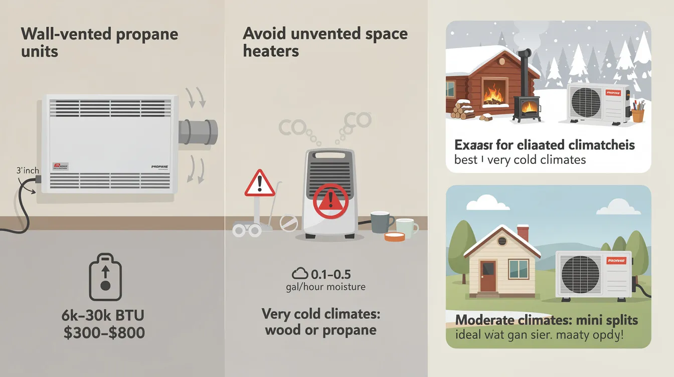 Bc6c3def6d1148c3a746a07df2e0ba48 The image depicts various propane heating options for tiny homes including wall vented units that efficiently exhaust moisture through small vents It highlights the benefits of proper heating and cooling solutions for tiny house living emphasizing the importance of avoiding unvented portable space heaters due to safety risks