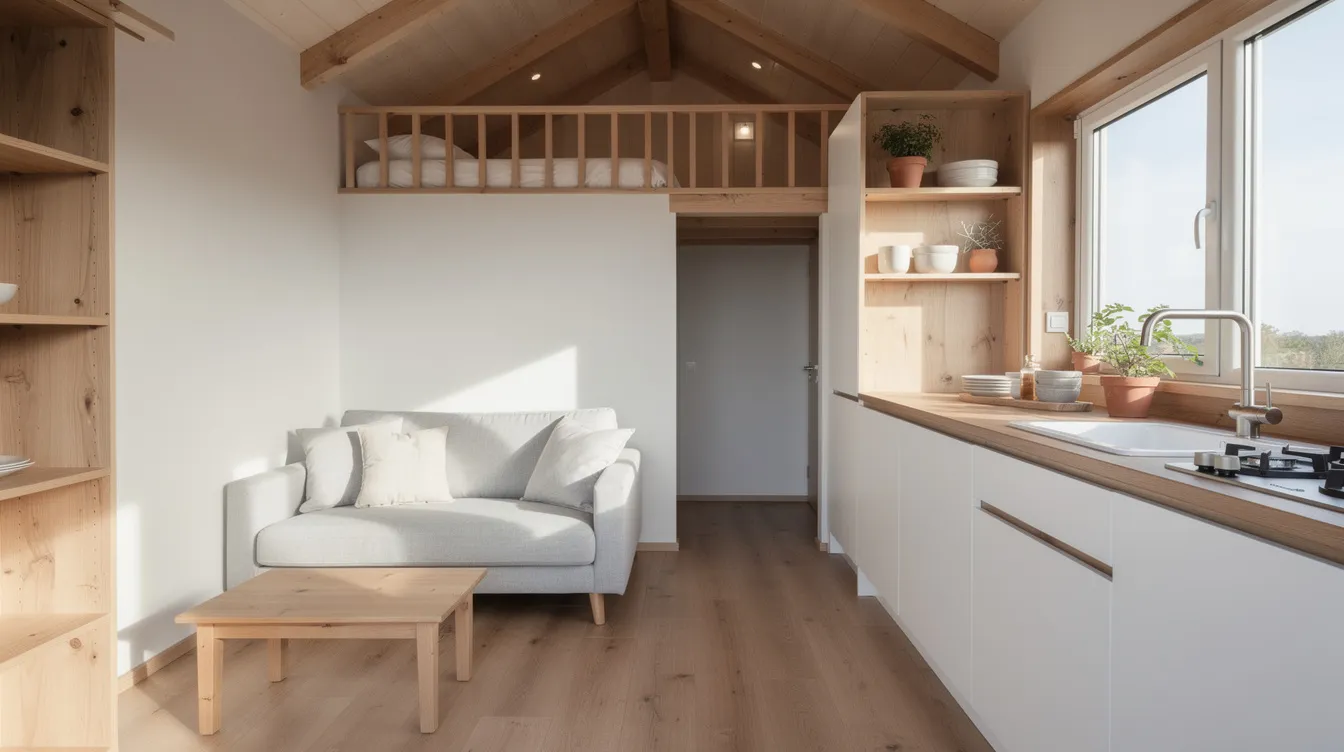Bd1d0114f51f4bd1abd68ae13b3e23c3 The image showcases a bright tiny house interior featuring white walls complemented by natural wood accents creating an airy and inviting atmosphere Natural light floods the living area enhancing the cozy retreat feel while the thoughtful use of light colors and layered lighting adds depth and dimension to the small space