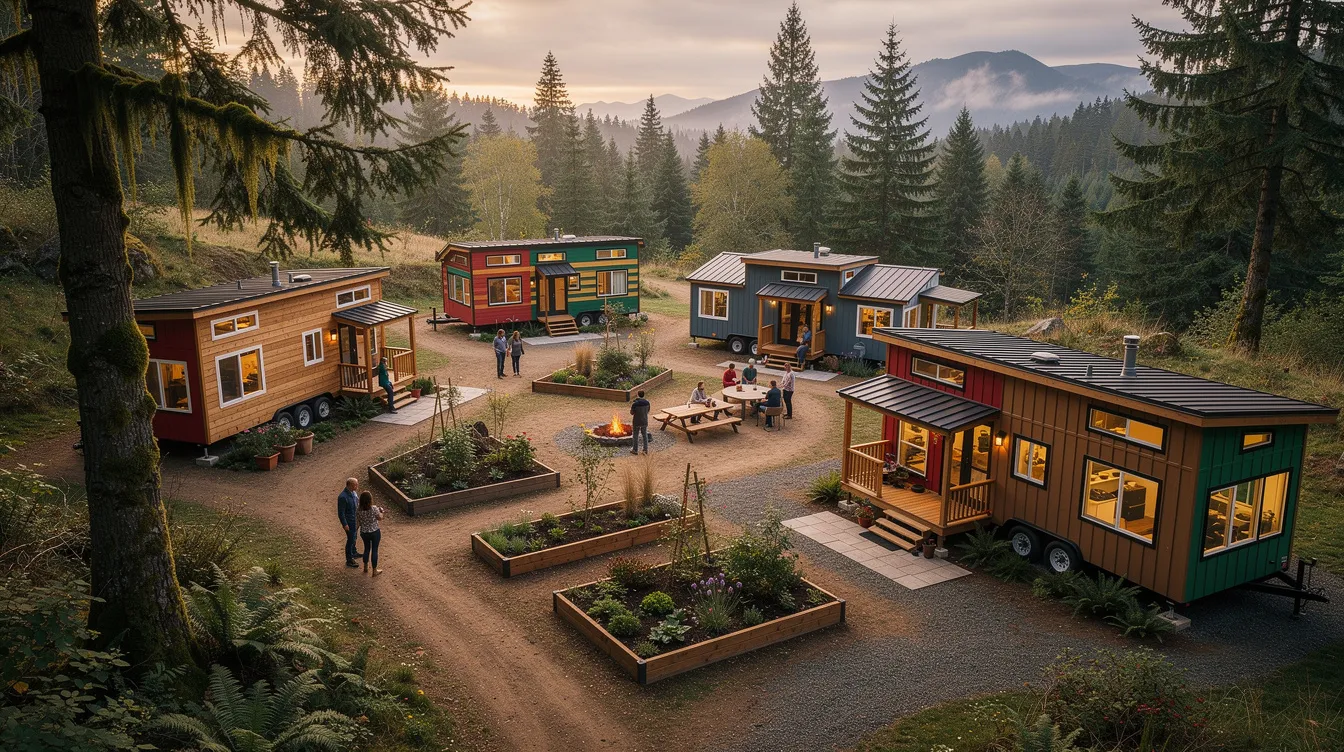 Be894e5e8067432fab5f446ce6cfc409 The image showcases a vibrant tiny house community in Oregon featuring a variety of uniquely designed tiny homes nestled among lush greenery and community gardens Residents enjoy a close knit lifestyle with amenities that promote affordable housing and a connection to nature making it an ideal spot for community living