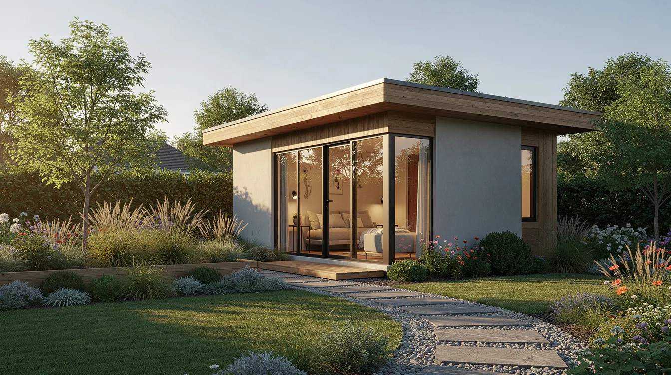 Bff7b9e916184a77ae9b5d7f1c69aad0 A small modern backyard cottage also known as a tiny house features large windows and is surrounded by lush garden landscaping creating a serene outdoor living space This backyard tiny house exemplifies the trend of tiny living offering a cozy and stylish accessory dwelling unit for various uses