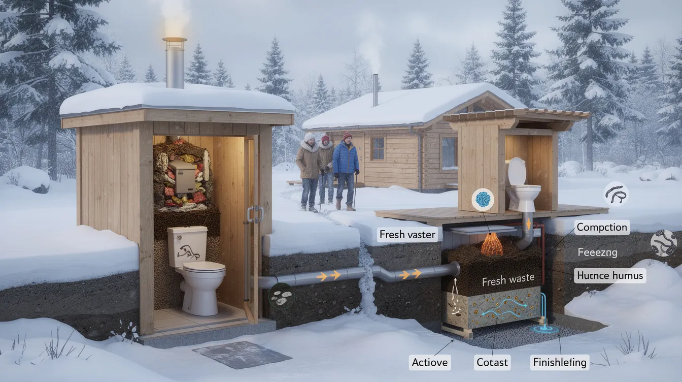 C038c071e940440c9e459bf1528841d6 The image depicts a winter composting toilet designed for tiny homes featuring a self contained unit with a solid waste container and a urine diverter This eco friendly toilet system is suited for off grid cabins promoting efficient composting and hygiene while minimizing odors
