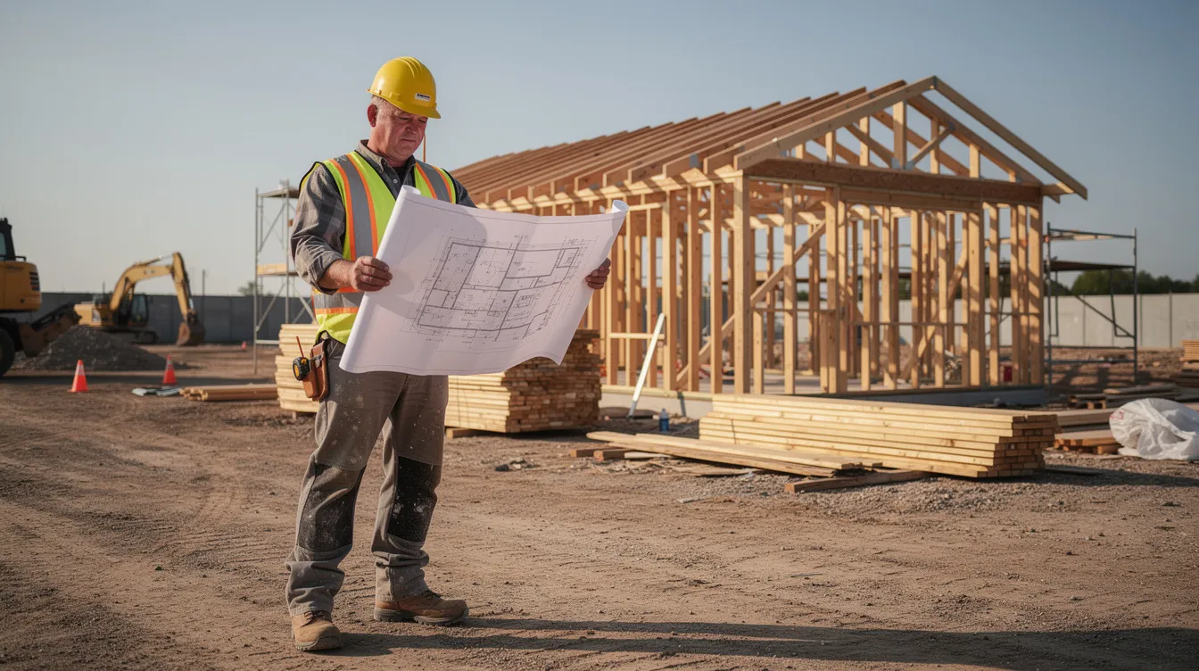 C0c12e7d1bec4088a0adc87a84479317 A construction worker is reviewing blueprints at a building site where a small structure is being framed likely a proposed tiny house This scene highlights the importance of adhering to local building codes and zoning regulations for tiny home projects