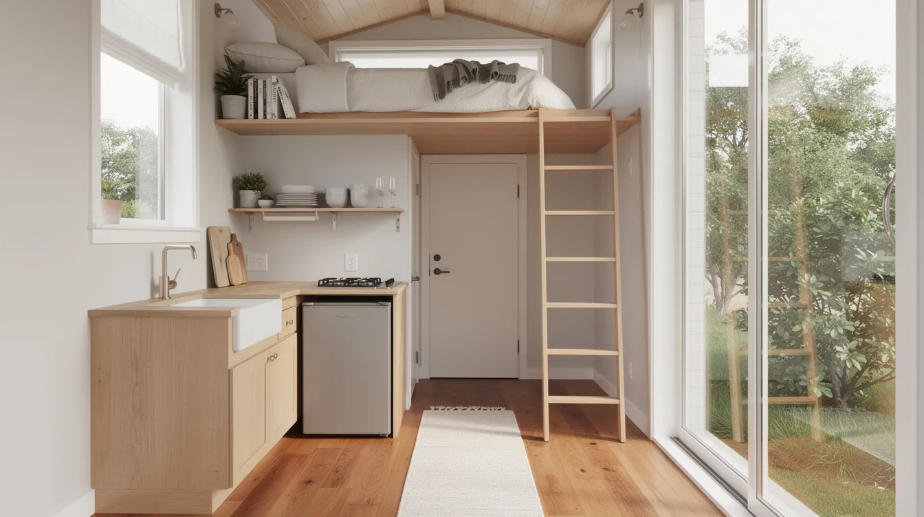 C19b28b8c3fa47f2847a5ece3b4c4cb7 The image depicts the cozy interior of a tiny house featuring a loft bed above a compact kitchen and large windows that flood the space with natural light This design exemplifies off grid living and tiny life highlighting efficient use of space and sustainable energy solutions