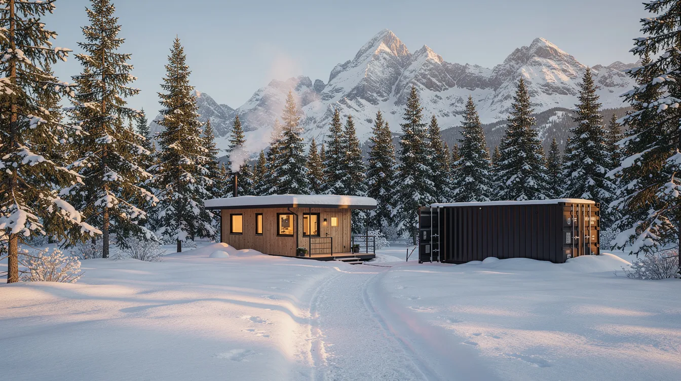 C39e85a32cf24237af4aa492e44caa6a The image depicts a cozy mountain cabin setup featuring a tiny house and a shipping container surrounded by a snowy landscape dotted with evergreen trees This unique arrangement showcases the charm of shipping container homes offering a perfect retreat in a remote location