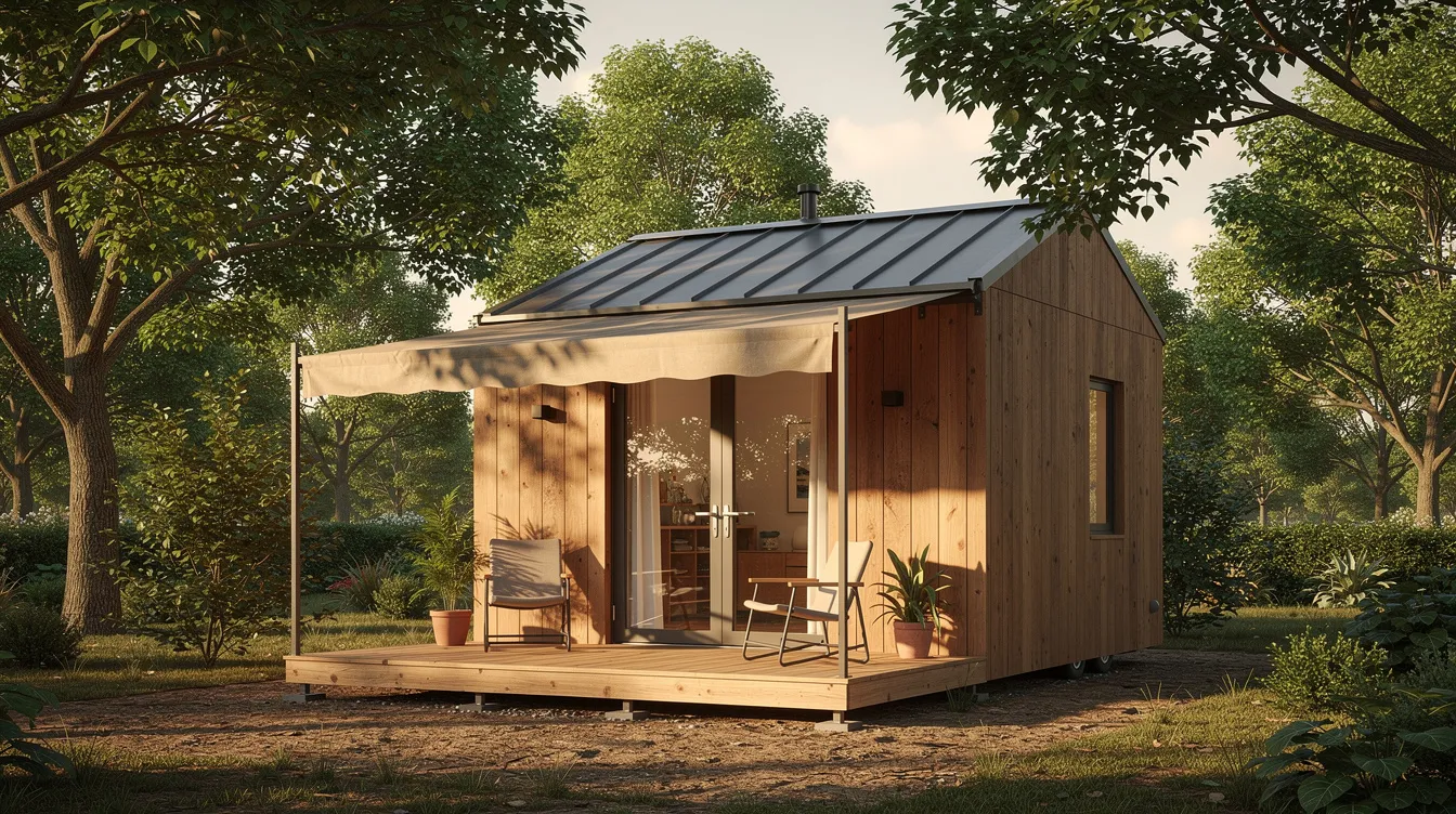 C3e03f78d8d14d8c90ed2457ce629627 The image depicts a small wooden tiny house shaded by trees and featuring an exterior awning creating a cozy and inviting atmosphere This tiny home exemplifies energy efficient design providing natural ventilation and cooling solutions to minimize heat gain during the summer months