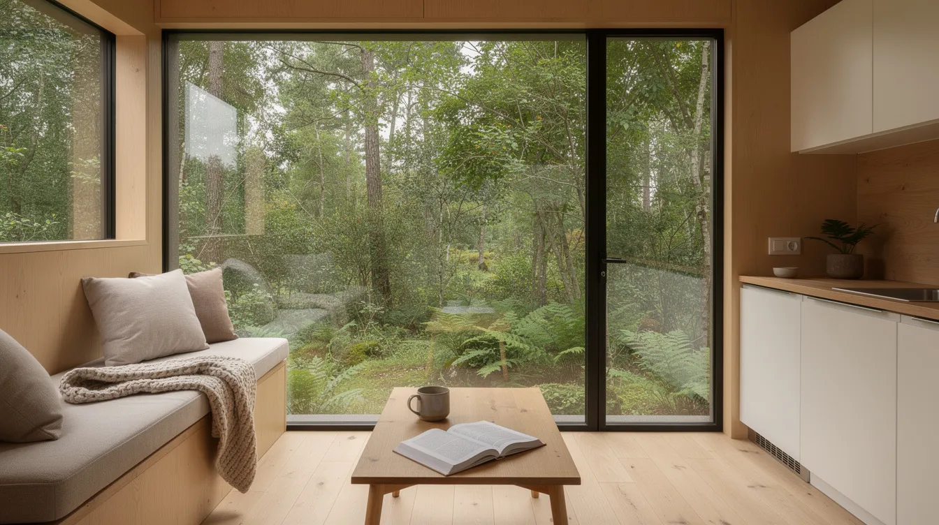 C3fd405def6b47448ff4bbcf4faf3422 The interior of a glass walled tiny house features a stunning view of a lush green forest through its floor to ceiling windows creating a bright and open atmosphere This compact design invites nature inside blending the comforts of home with the beauty of the outdoors