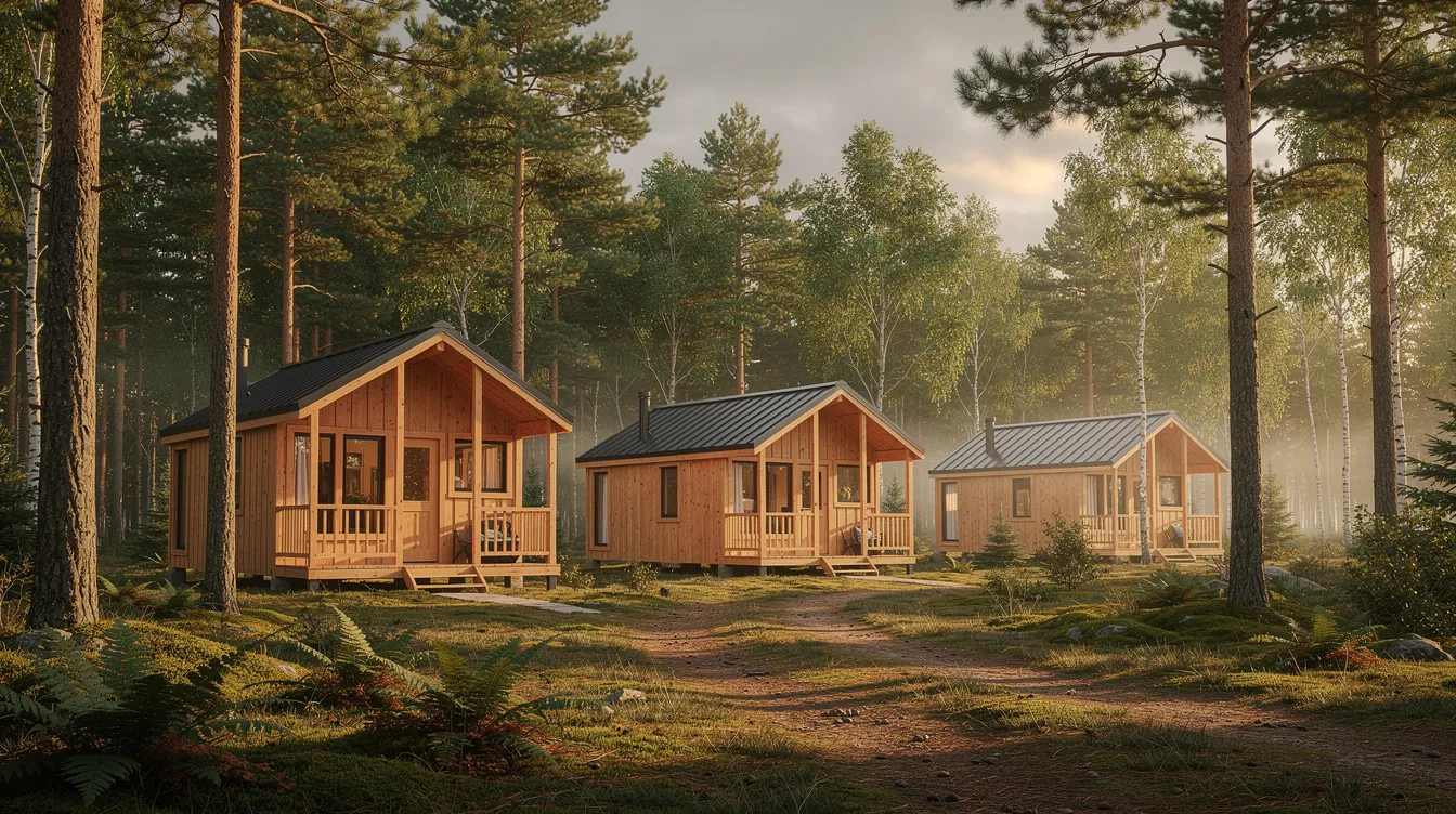C4b43977f7794ea9a44000fb6898e73c The image depicts small wooden tiny homes nestled among tall pine trees in a serene forest clearing in Wisconsin showcasing a peaceful tiny house community These charming tiny homes are designed for year round living and surrounded by nature offering residents easy access to hiking trails and a tranquil rural lifestyle