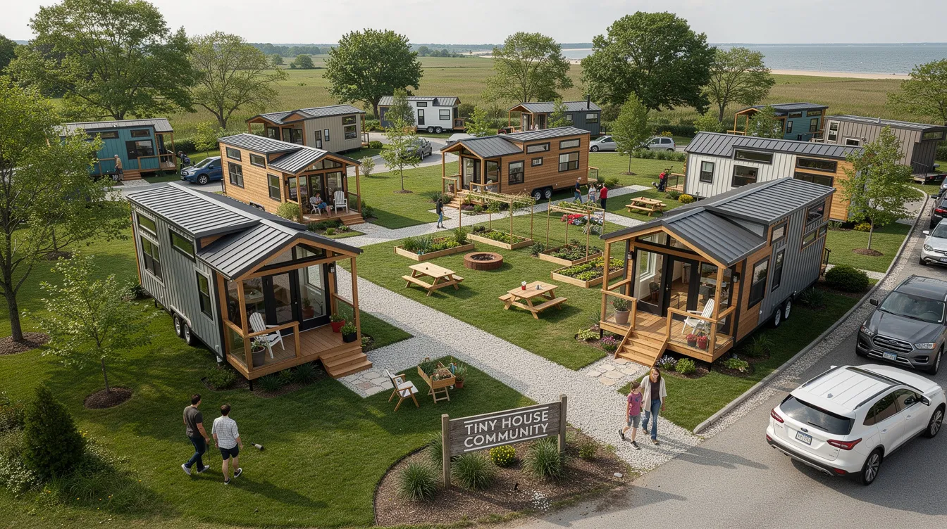 C4df98e3e6e54d8ab22fbe595a08e34f The image depicts a vibrant tiny house community in Delaware showcasing several charming tiny homes nestled together highlighting the growing tiny living movement With a focus on affordability and community these homes often feature one or two bedrooms and are designed to provide a cozy living space for working families and seniors alike