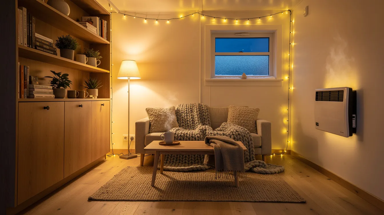 C54ea496a94041bebf8bd3bd3da753d7 The image depicts a small cozy tiny house interior featuring warm lighting and a wall mounted heating unit creating a comfortable atmosphere during winter The space is designed to maximize efficiency and warmth ideal for tiny homeowners looking to effectively heat their living space in cold climates