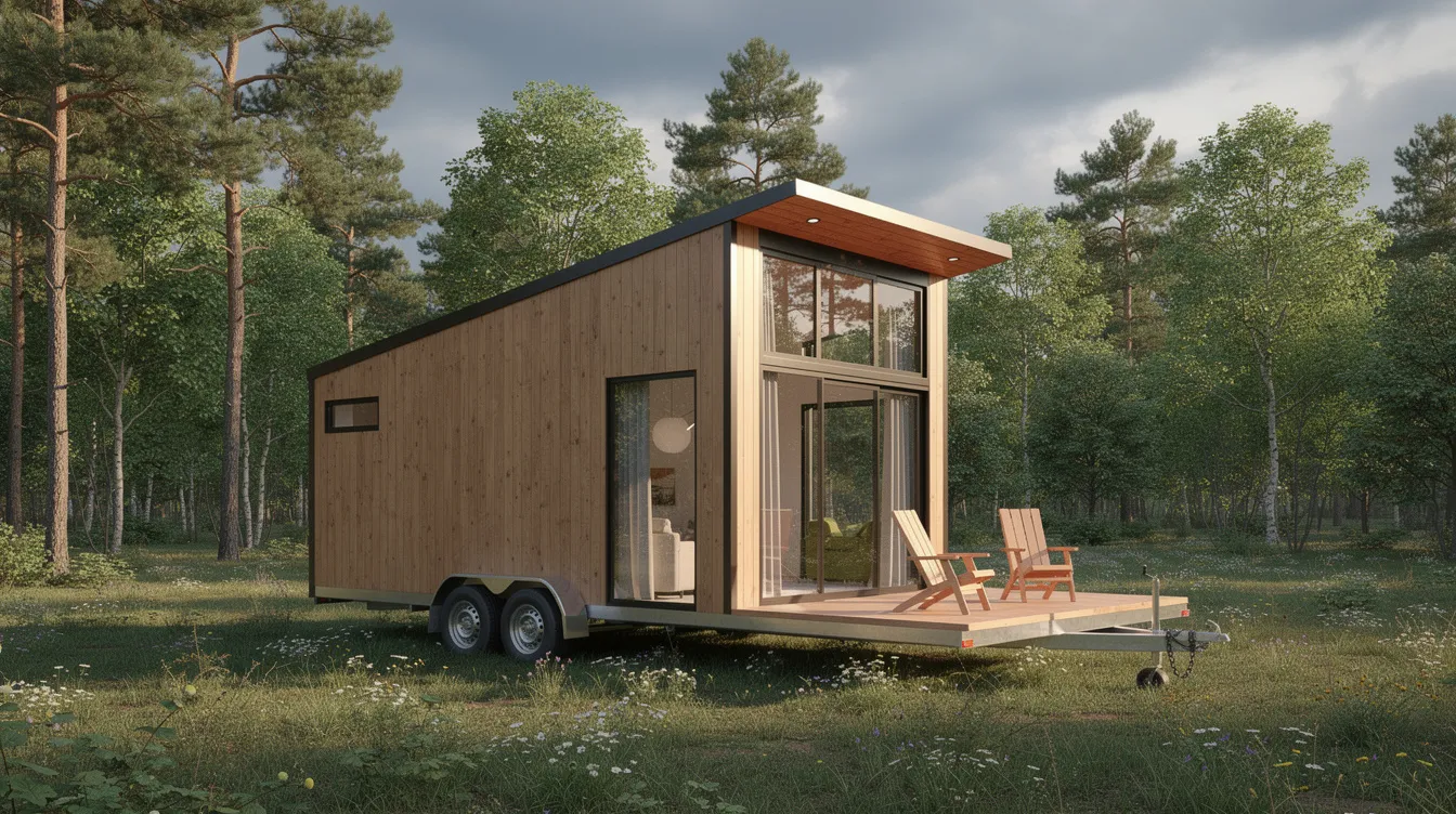 C5ef5b4812c3484db8edf414637ab245 A modern tiny house on a trailer features a single slope shed roof surrounded by lush greenery in a forest clearing The design emphasizes energy efficiency and aesthetic appeal showcasing a unique roof shape that complements the natural environment