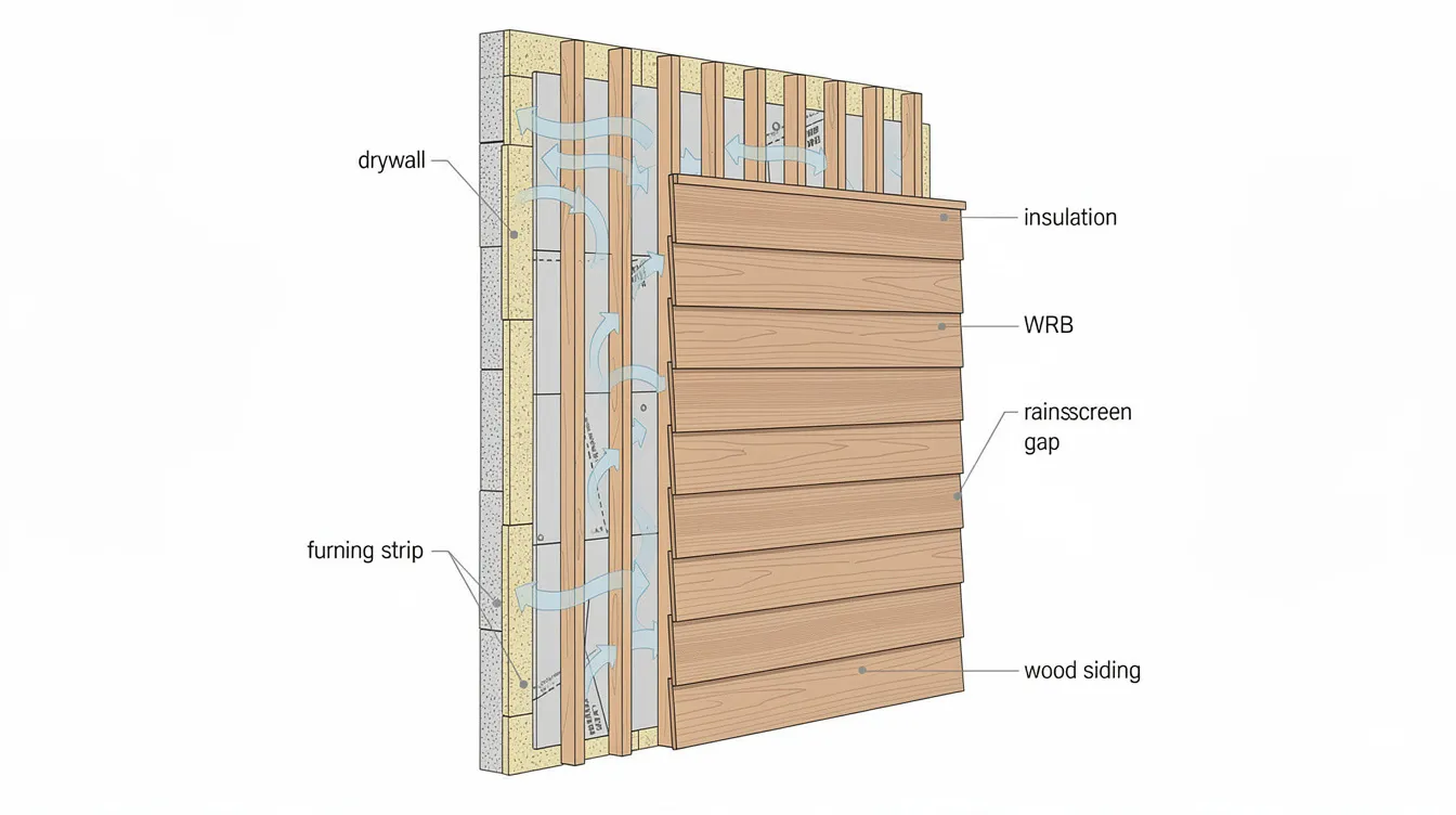 C5f9f372ba66440a8cc8390cac1acbfa The image shows a cross section view of vertical furring strips that create a rainscreen gap behind wooden siding highlighting the building envelope of a tiny house This design helps prevent moisture buildup and water intrusion protecting the exterior walls from potential moisture damage and ensuring a healthy living environment