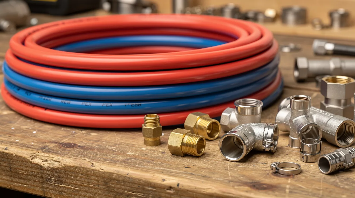 C613780601844f72adaa93eb81d11c85 The image shows a close up view of red and blue PEX tubing coils arranged on a workbench alongside various plumbing fittings highlighting components essential for a tiny house plumbing system This setup is ideal for connecting water supply lines to fixtures like kitchen and bathroom sinks or a composting toilet