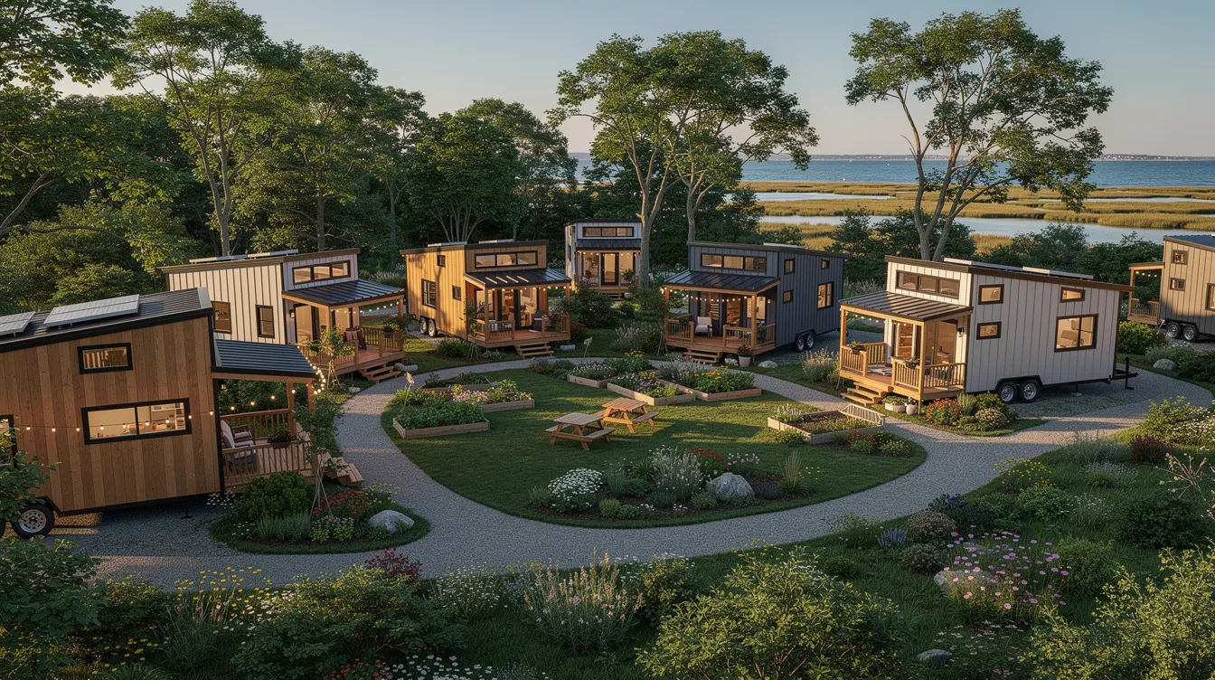 C671de95b2cd40c4bbb571395ae6b31f The image depicts a picturesque tiny house community in Rhode Island featuring several cozy tiny homes nestled among lush greenery Each tiny home showcases unique designs and high end finishes offering residents a practical and efficient living space while maintaining a connection to nature