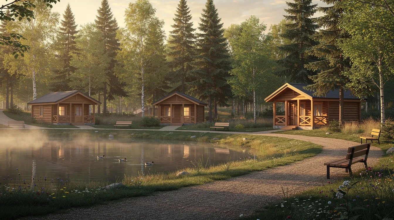 C6780a838d7c41bfbc87643c152015b8 The image depicts small wooden cabins nestled among lush trees near a tranquil pond with winding walking paths inviting exploration This cozy retreat represents a unique lifestyle in a tiny home community offering an affordable living space in the serene landscape of Pennsylvania