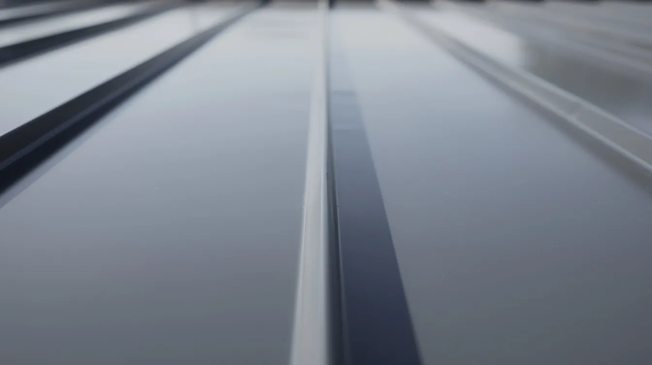 C698ed2973e140e0916706f4deda5766 A close up view of standing seam metal roofing panels showcases the raised seams and clean lines characteristic of this roofing style emphasizing the sleek aesthetic appeal and durability of metal roofing materials This design is common in modern architecture and is often favored for its energy efficiency and low maintenance requirements