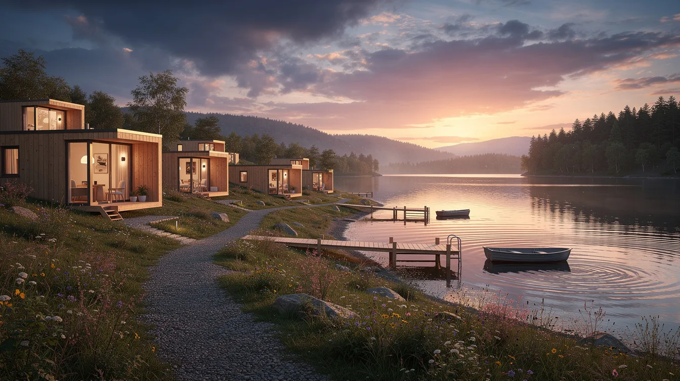 C6da857ce2654c5b89c3bc46c5d9a378 The image depicts tiny homes nestled along the serene shores of a peaceful lake at sunset showcasing the beauty of tiny house living in a tranquil setting The vibrant colors of the sunset reflect on the water creating a picturesque scene that embodies the charm of tiny house communities in New York