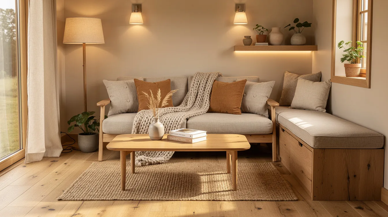 C7333a263dd34b5a8cfbc7cf95227a4b The image showcases a cozy tiny house living room featuring warm neutral tones natural wood furniture and layered lighting creating an inviting atmosphere This small space is designed with functional elements like a coffee table and extra seating perfect for hosting friends or enjoying a quiet reading nook