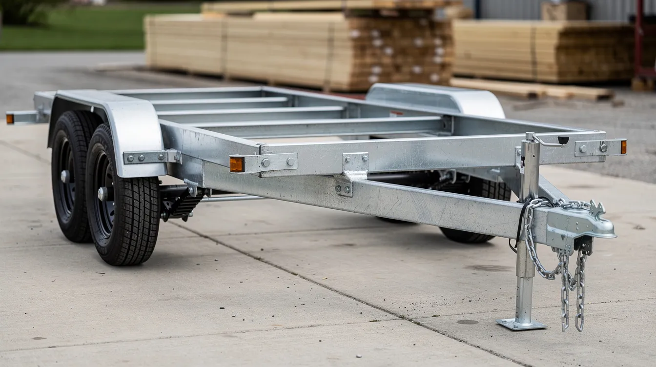 C737351de2494a58937fcb8d1597e7c2 The image shows a close up view of a heavy duty steel trailer frame with dual axles specifically designed for constructing a tiny house This sturdy foundation is essential for tiny house living ensuring proper support during the building process while adhering to local zoning laws and building codes