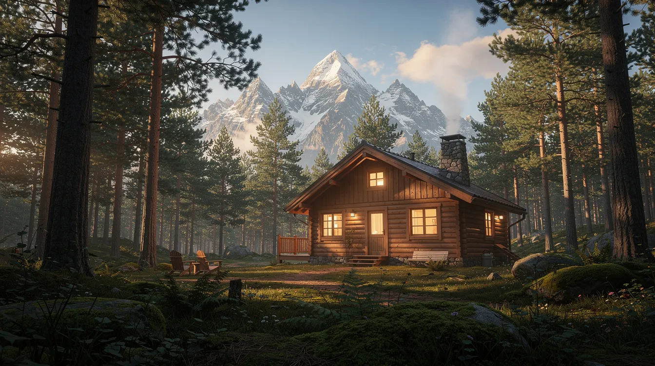 C73c6901a89c4afaa8743a5f59b203c7 A cozy wooden cabin designed in a charming A frame style is nestled among tall pine trees offering stunning mountain views The cabin features large windows that allow natural light to flood the living space creating a warm and inviting atmosphere perfect for a vacation home in snowy climates