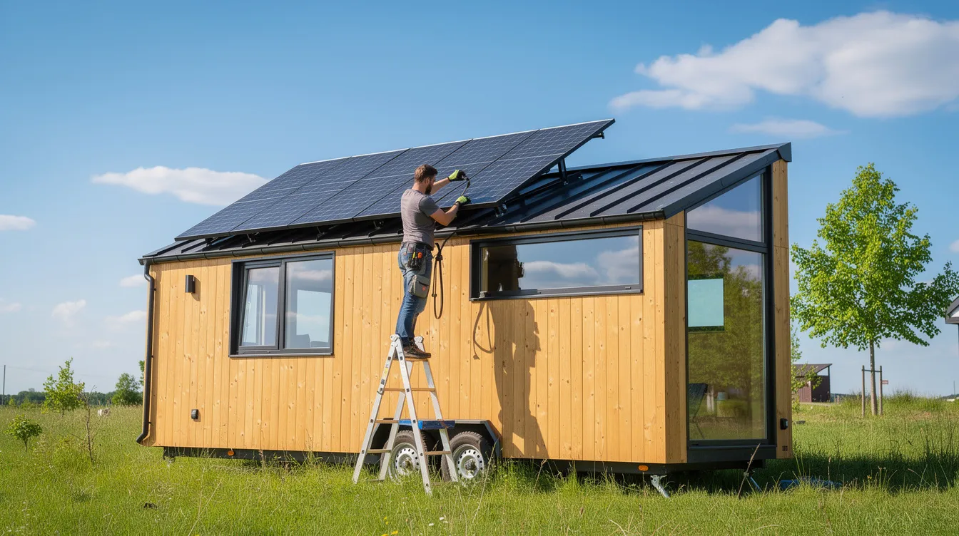 C7931db7f5924223bfa3e1b38dcfe4dd A person is seen adjusting the angle of solar panels on the roof of a tiny house under bright sunlight optimizing the solar setup for maximum energy production This clean energy system is essential for off grid living providing backup power and reducing energy consumption