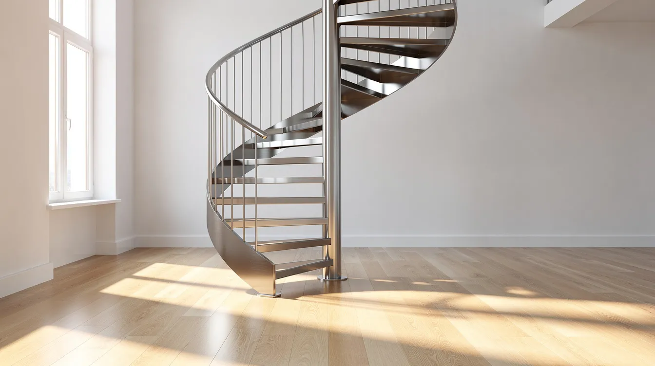 C918d1d2435048b7a816dab4c8573a21 A sleek metal spiral staircase winds elegantly in a bright room adorned with wooden flooring offering a modern aesthetic perfect for tiny homes This space saving design enhances the loft area providing easy access to the upper levels while maximizing limited floor space