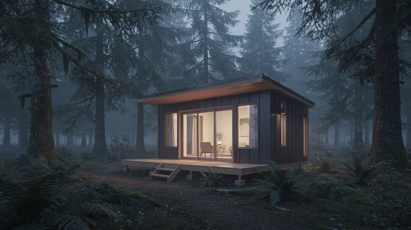 C9405a68aad34b2892259e80c9cc9a7b A small modern tiny house with a wooden foundation is nestled among evergreen trees in a serene Pacific Northwest forest This tiny home ideal for those interested in tiny house living showcases a design that harmonizes with the natural surroundings emphasizing the appeal of affordable housing options in Washington state