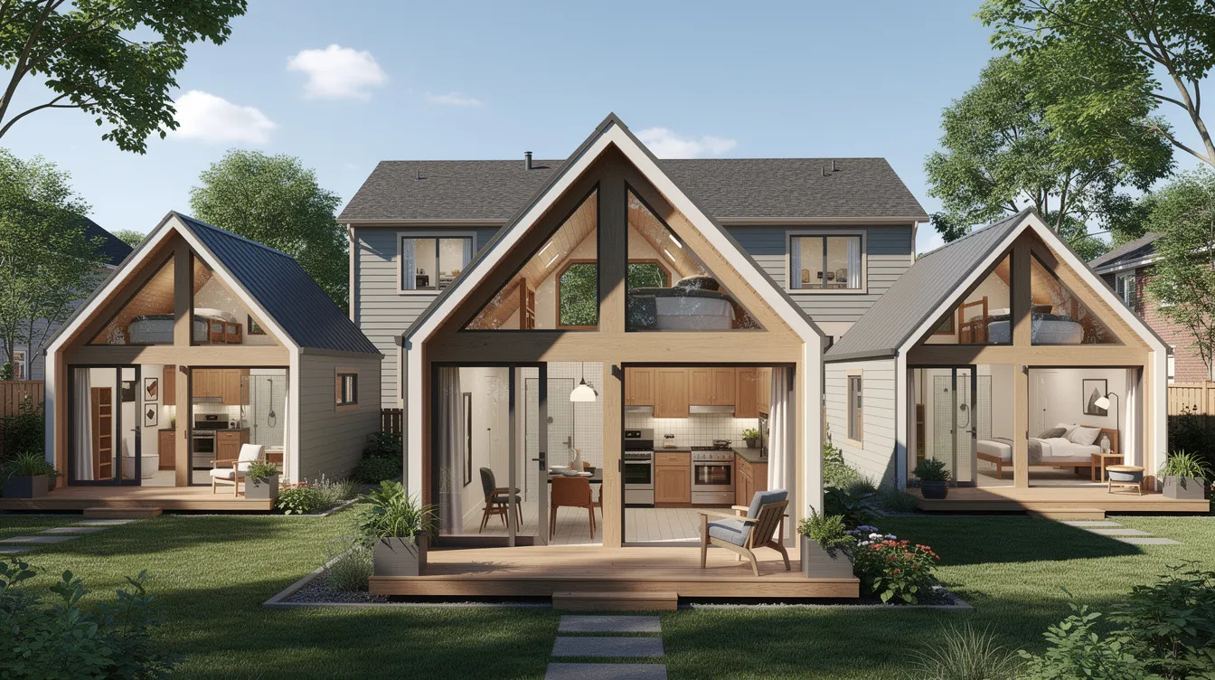 C99f6cb50157448e93fc380eb3c87ff1 This image showcases a set of backyard ADU plans featuring a charming a frame house design characterized by its distinctive triangular shape and large windows The plans include details for a cozy living space with a full kitchenette bathroom facilities and a sleeping loft making it ideal for guest accommodation or rental income while adhering to accessory dwelling unit regulations