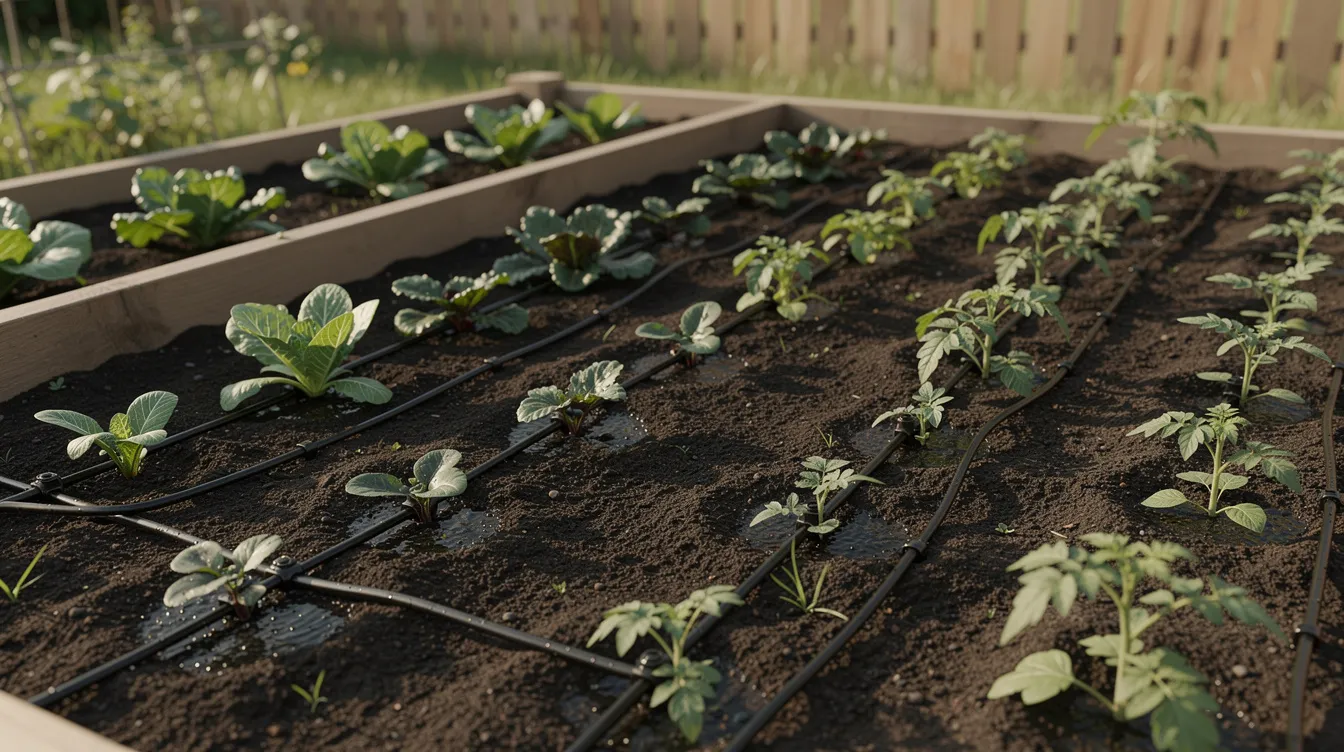 Ca13c6ef897c4520bb453cf2ac07ca09 The image depicts a small garden featuring lush vegetable plants with drip irrigation lines carefully placed between them to ensure efficient watering This sustainable gardening approach aligns with the tiny house movement where tiny house owners often embrace eco friendly practices and low maintenance systems for waste management and water supply