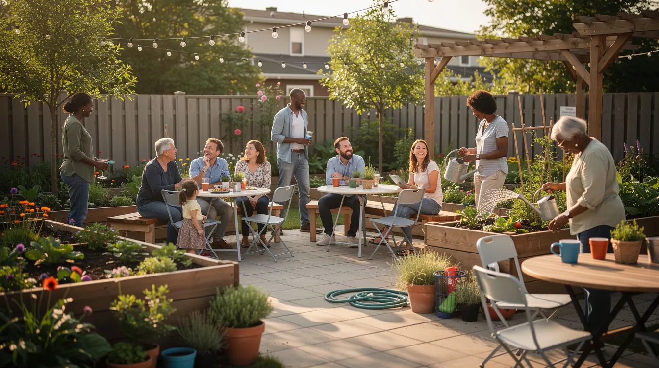 Ca2e828429204827aae5c7d567b035a4 The image depicts a small community gathering in an outdoor shared space featuring lush gardens and comfortable seating areas where residents of a tiny house community in Arkansas can enjoy socializing and the simplicity of life This vibrant setting highlights the essence of tiny house living fostering connections among neighbors in a serene environment