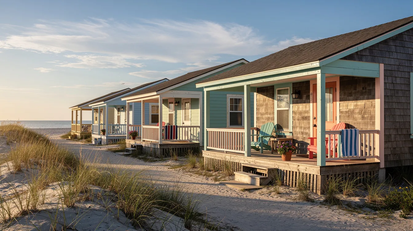 Ca86c77467b444299f3ba5639621ae20 A row of historic small beach cottages with colorful trim and wooden porches lines a sandy street evoking a charming Jersey Shore feel These tiny homes often used as vacation rentals reflect the traditional coastal architecture of Ocean County blending old school charm with modern amenities