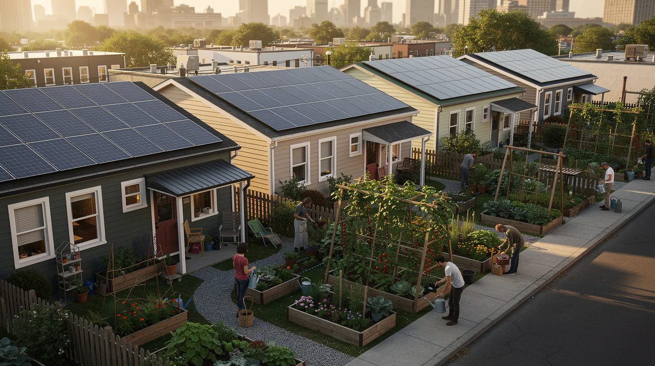 Cac5796ad8244696928615aaee06870b The image depicts solar panels installed on the rooftops of small homes within a vibrant urban community surrounded by lush community gardens that promote organic farming This scene reflects the essence of modern tiny living in a tiny house community showcasing eco friendly practices and a commitment to renewable energy systems